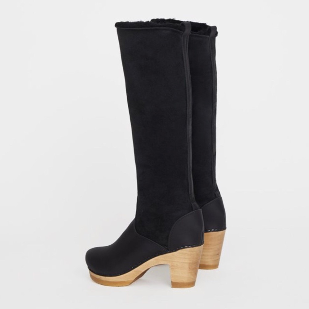 Pull on Shearling Boot on High Heel in Black Suede